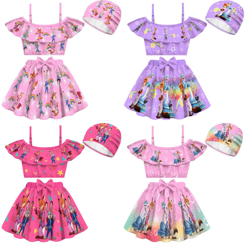 新款吊带泳衣Zootopia 疯狂动物城2 女童一字肩泳装泳帽套装