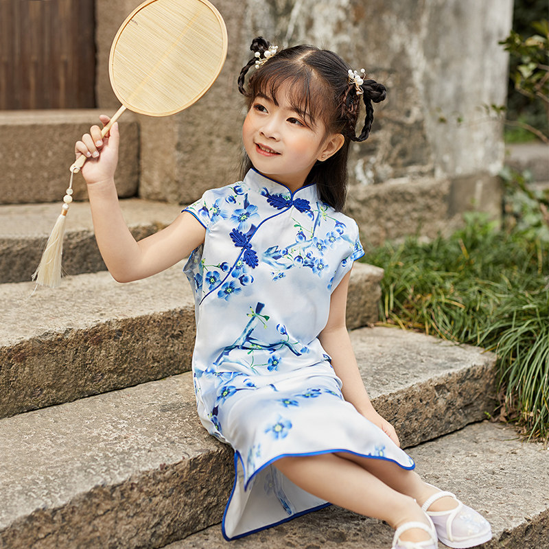 女童旗袍裙改良汉服夏儿童唐装中国风青花瓷丝绸复古秋连衣裙大童
