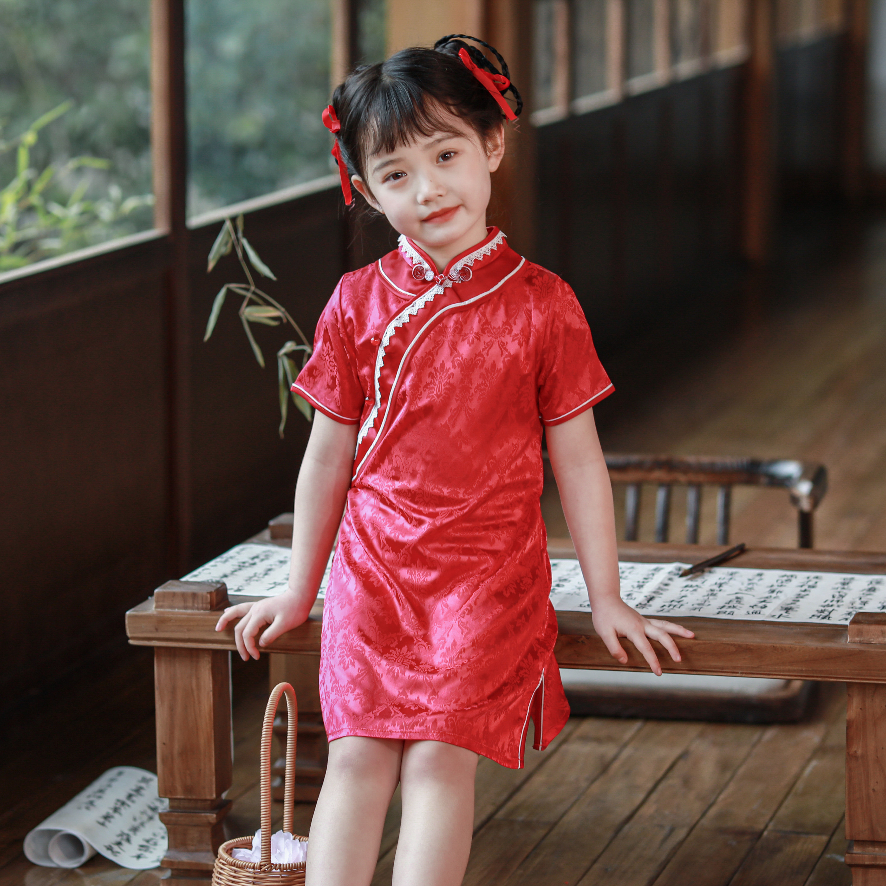 女童旗袍连衣裙2024新款宝宝民族风汉服儿童中国风复古大红蕾丝裙