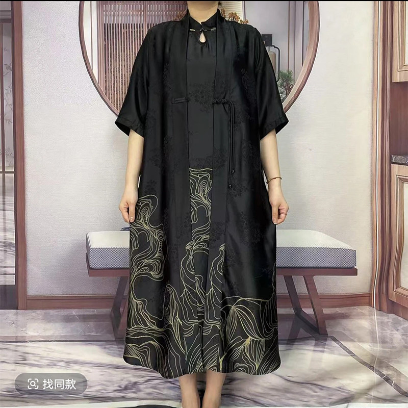 桑蚕丝套装裙子女夏季中年妈妈装旗袍领连衣裙披肩两件套真丝缎面