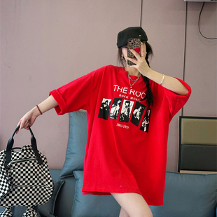 2026夏季新款美式复古中长款印花短袖T恤女宽松oversize大码上衣