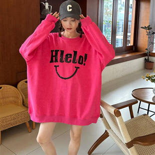 宽松oversize亮片外套潮 卫衣女大码 SUNFLOWER刺绣笑脸字母冬季