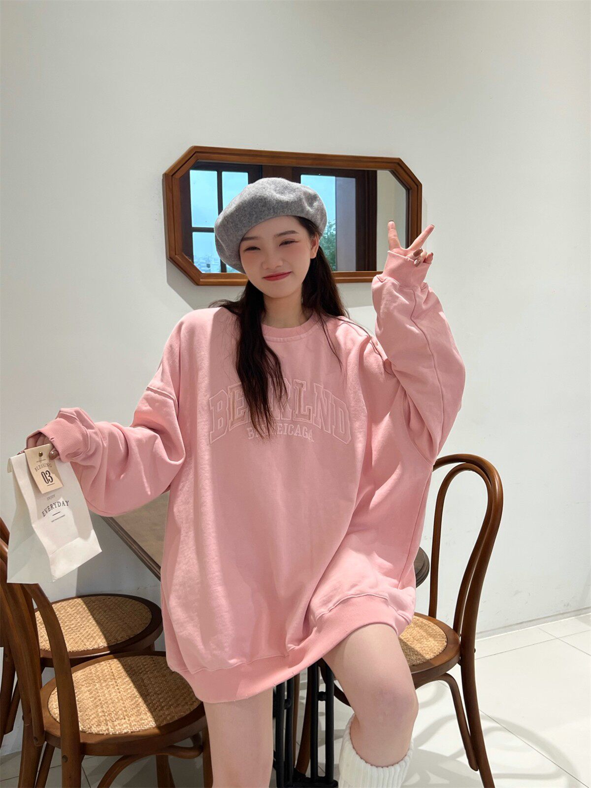 JL SUNFLOWER韩版宽松bf慵懒风粉色圆领卫衣女秋冬季大码刺绣外套