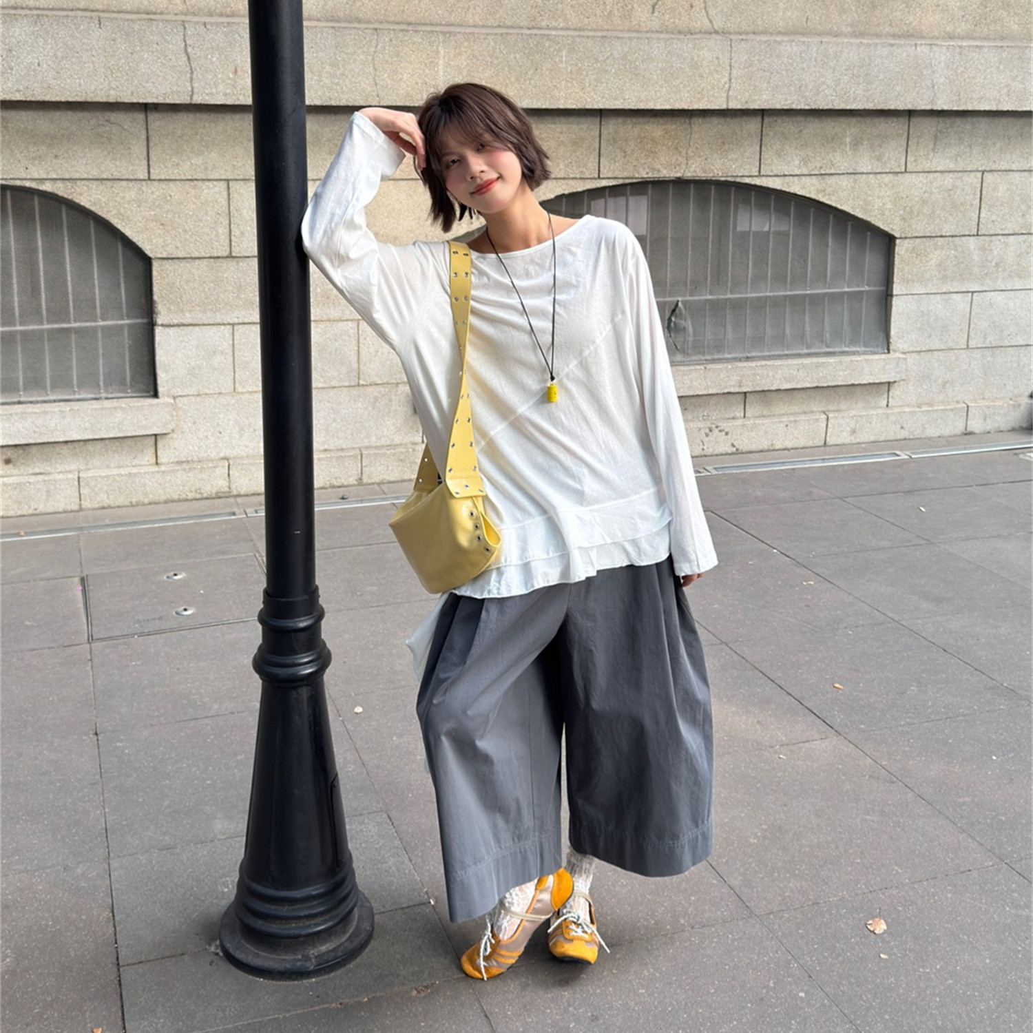 MUJIA春季韩版荷叶边松弛感bf风长袖T恤女宽松设计感不规则打底衫