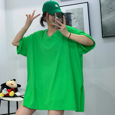 纯棉V领宽松中长款显瘦T恤女