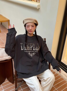 JL SUNFLOWER大码女装冬季潮牌宽松套头加绒圆领卫衣蕾丝亮片外套