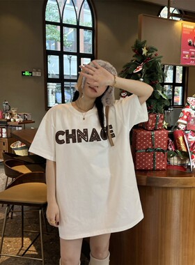 JL SUNFLOWER宽松休闲白色纯棉短袖t恤女大码显瘦亮片打底衫上衣