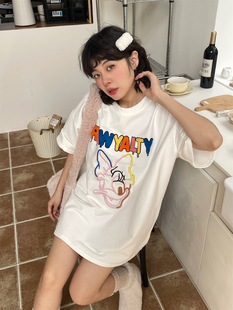 JL SUNFLOWER白色纯棉加绒卡通打底衫女秋冬季宽松短袖上衣t恤衫
