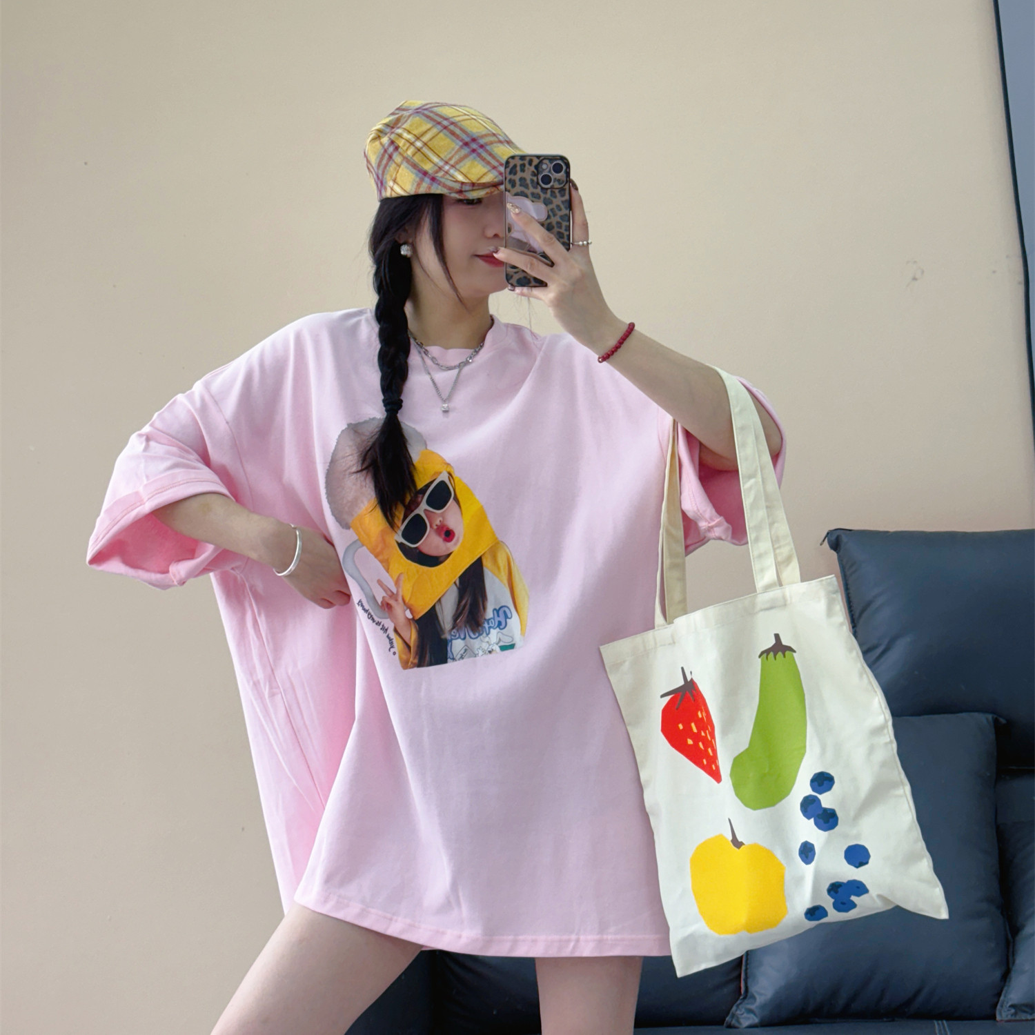 韩系夏季宽松大板趣味卡通印花上衣中长款磨毛圆领时尚短袖T恤女