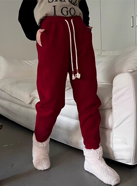 JL SUNFLOWER大码宽松加绒卫裤女冬季灰色束脚运动裤高腰显瘦长裤