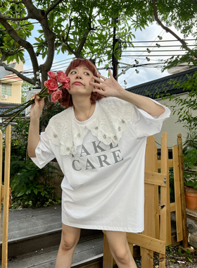 JL SUNFLOWER重工宽松休闲蕾丝拼接白色短袖t恤女夏季大码上衣潮