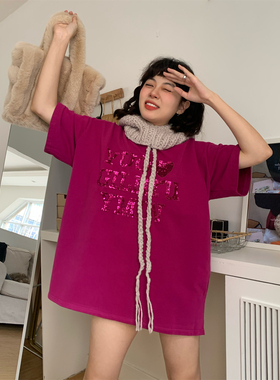 JL SUNFLOWER秋冬大码宽松纯棉圆领打底白色t恤女中长款刺绣上衣