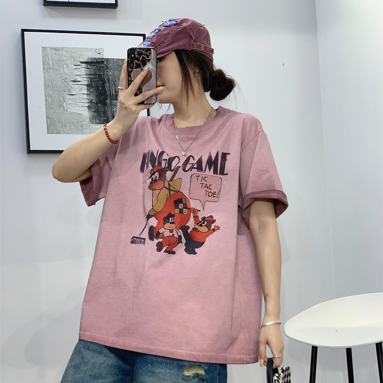 欧洲站卡通印花短袖T恤女夏季新款纯棉宽松休闲百搭中长款上衣ins
