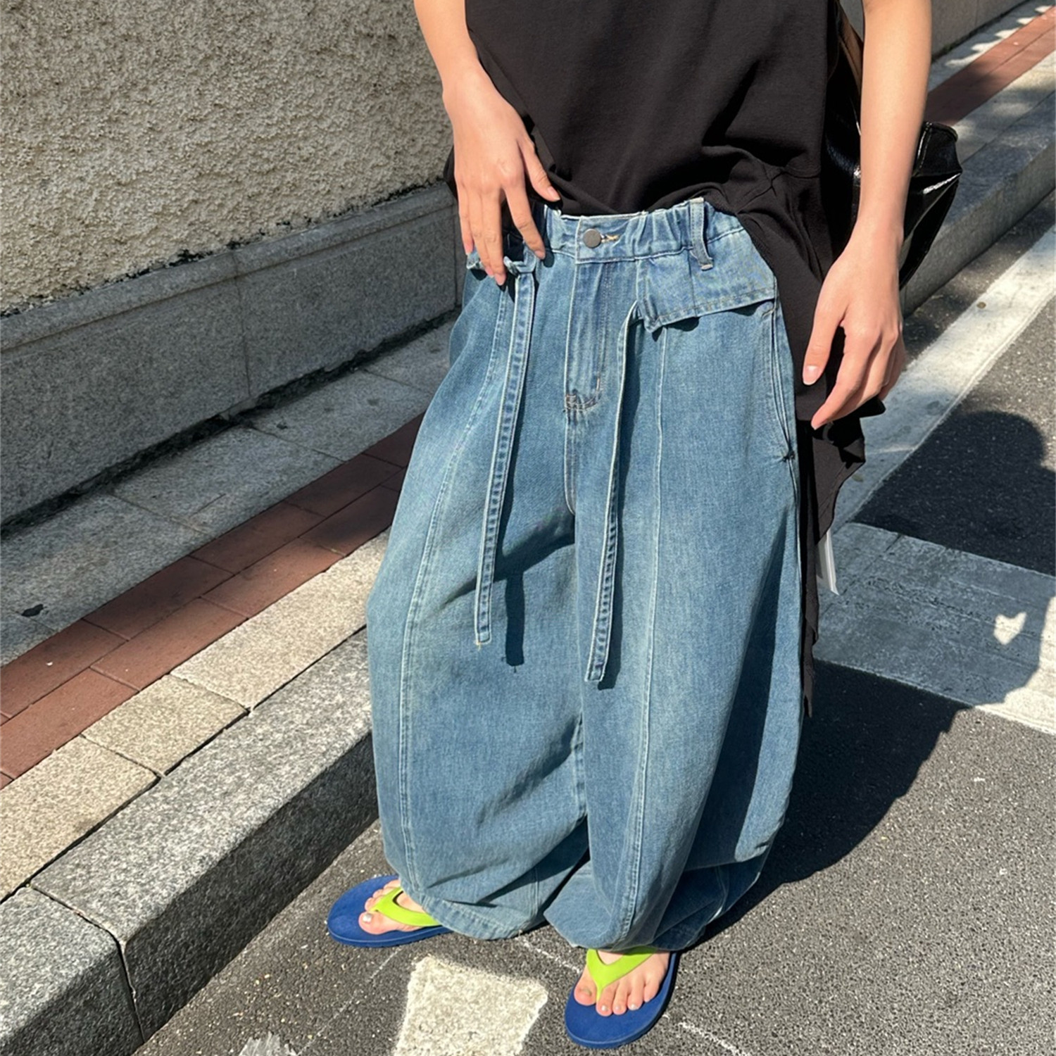 MUJIA 春季复古高腰系带阔腿牛仔裤女宽松拖地长裤街头休闲直筒裤