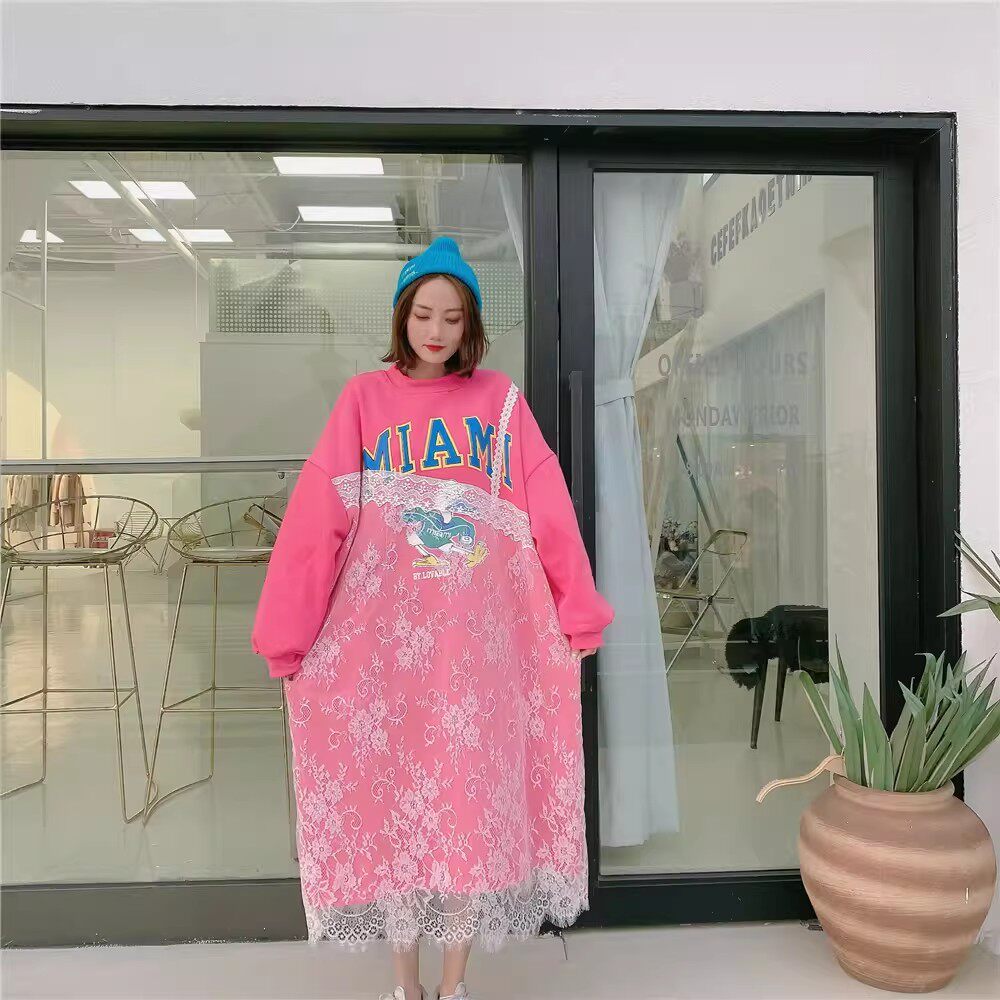 韩版长款过膝宽松大码bf风显瘦外套大码冬装新款蕾丝卫衣连衣裙女