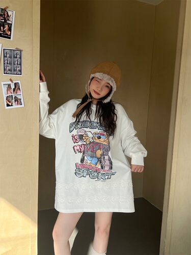 宽松刺绣蕾丝长袖打底衫t恤女冬