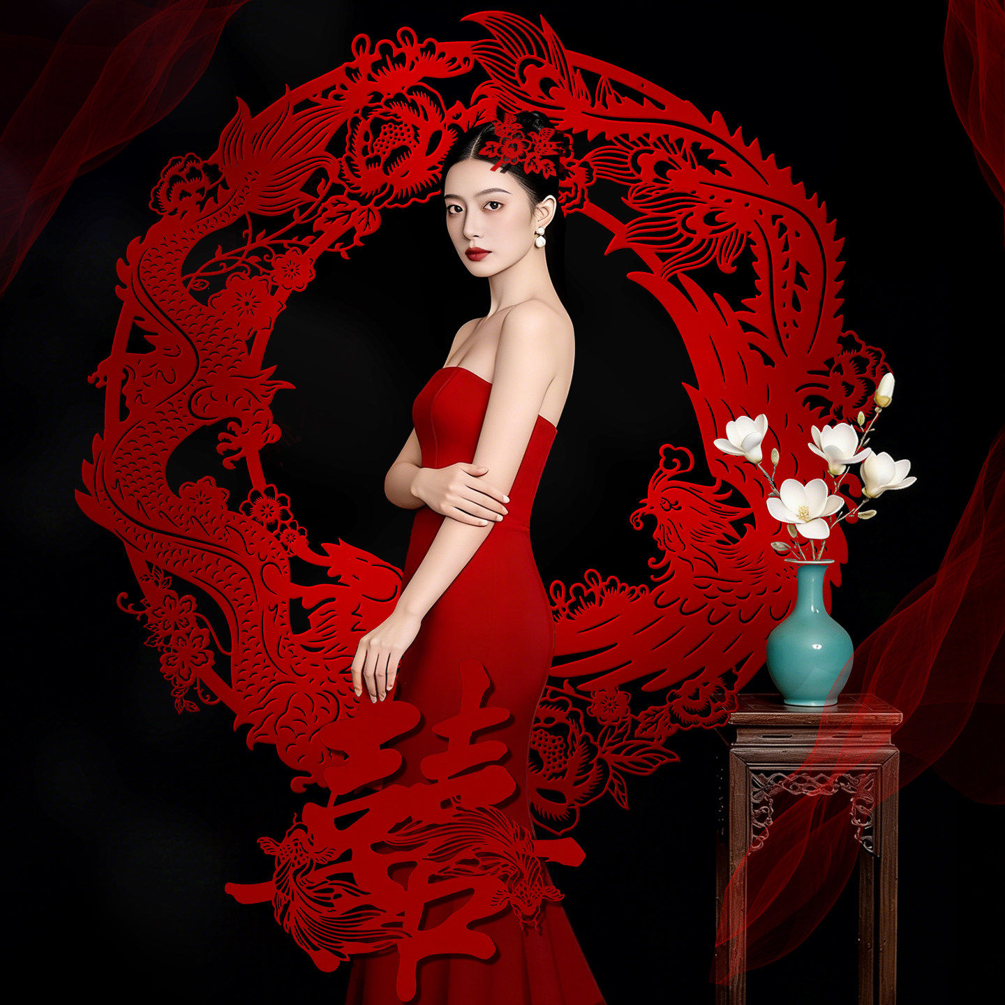中式植绒喜字剪纸婚房布置装饰婚礼结婚新娘晨袍订婚龙凤拍照道具