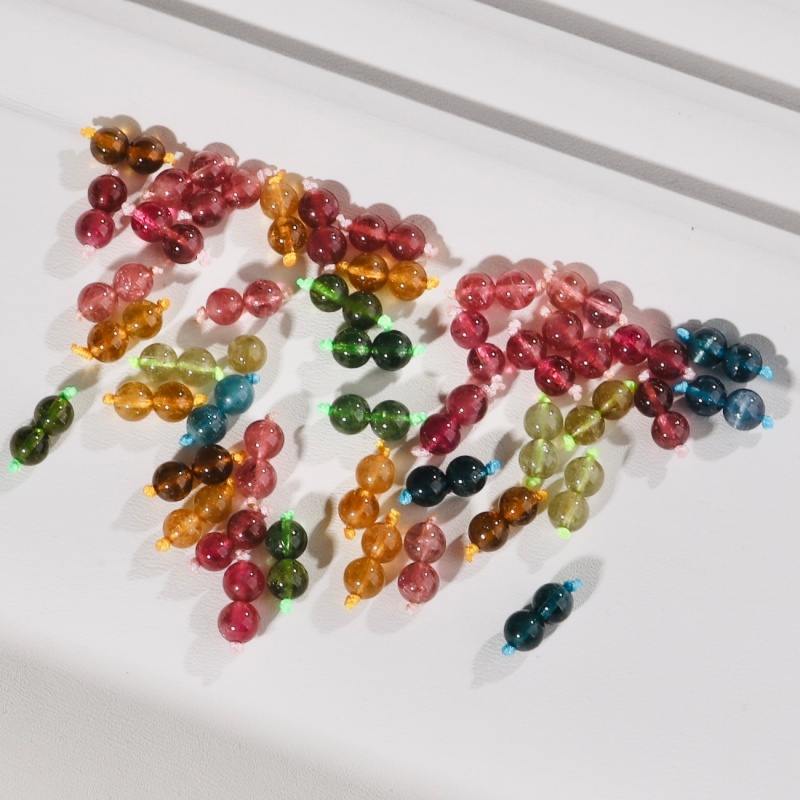 天然碧玺彩虹色圆珠配珠DIY单珠老矿巴西料碧玺蓝色 红色圆珠