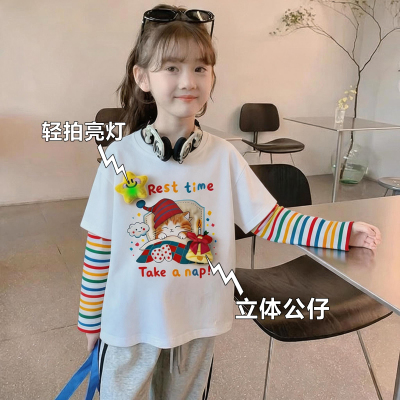春秋儿童纯棉长袖亮灯玩偶T恤