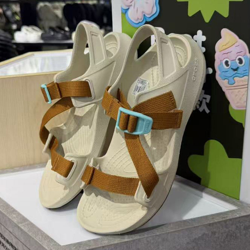 crocs新款卡洛驰夏女鞋沙滩二字露趾平底休闲织带纵野凉鞋212711