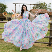 雪纺长裙沙滩裙吊带女夏大摆无袖 超长挂脖印花连衣裙旅游度假裙子