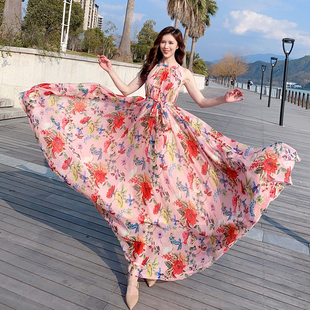 雪纺连衣裙大码 及踝大摆印花吊带裙波西米亚度假沙滩裙挂脖长裙夏