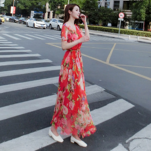 短袖 宽松显瘦海边度假沙滩裙碎花裙子 雪纺连衣裙女长裙大码