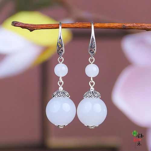 S925银金丝玉白色玉耳环