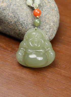 天然和田玉晴水料湖水绿弥勒佛吊坠30毫米直径厚装玉佛玉坠8104