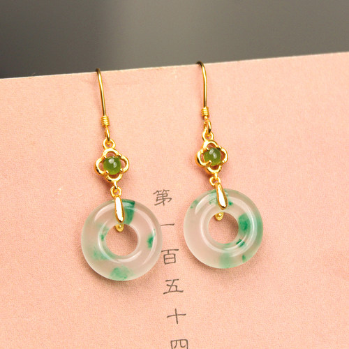 S925银冰底翠绿飘花非洲翠平安环耳环树叶耳钩防过敏811583