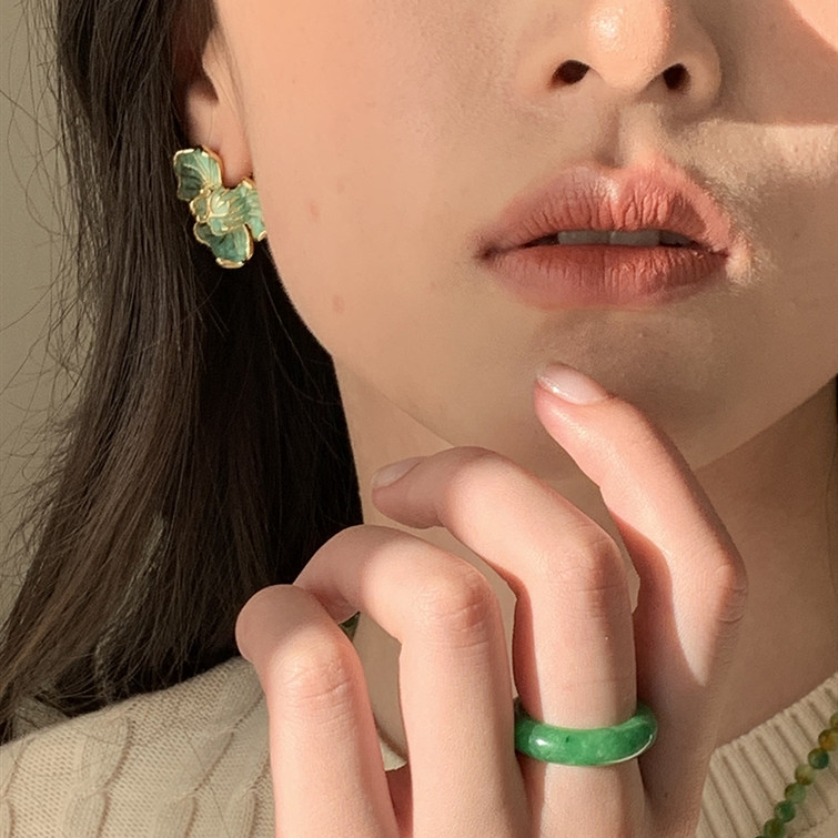 缅甸花青翡翠色戒指满绿飘花玉石戒圈玉指环女男款时尚百搭送礼物