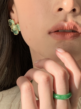 缅甸花青翡翠色戒指满绿飘花玉石