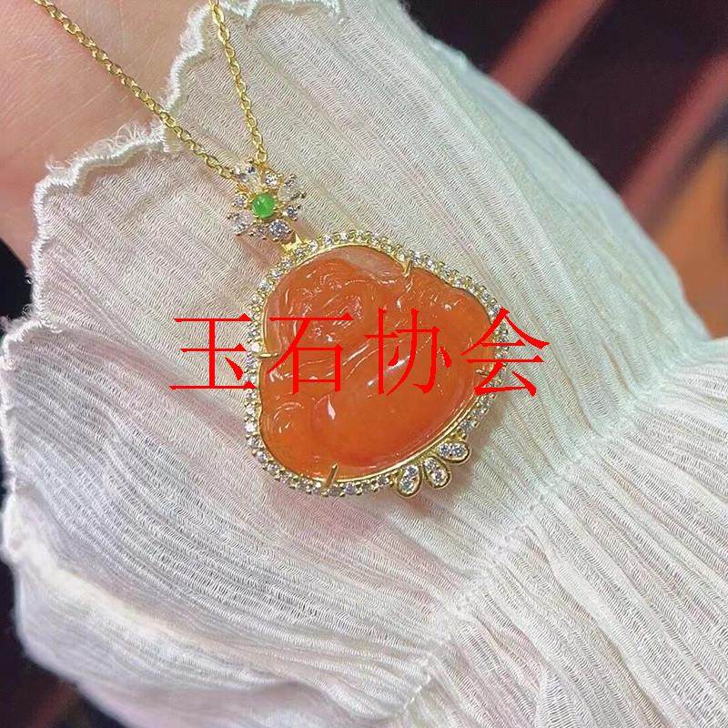 精品缅甸翡翠色老坑料弥勒佛吊坠柿子红银镶嵌红翡佛公玉挂坠项链