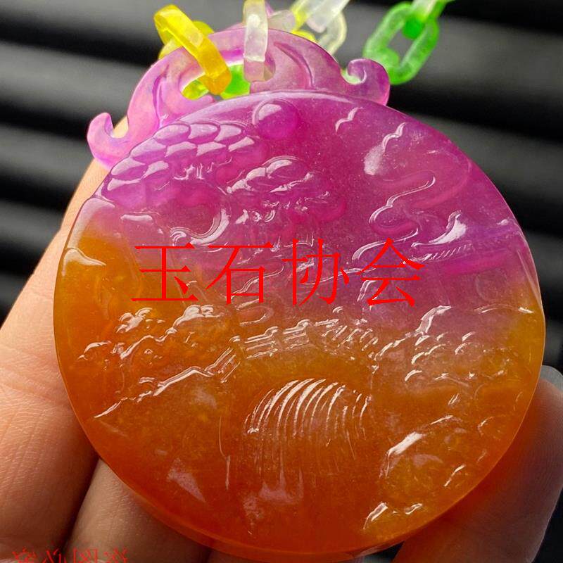 精品高档翡翠色玉冰种多彩厚装山水意境牌一体项链吊坠男女款挂件