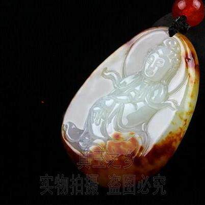 新疆和田玉籽料观音玉吊坠枣红皮白玉精雕观音玉石挂件保平安玉佩