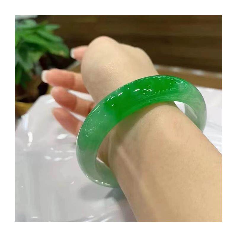 精品缅甸老坑翡翠色冰糯种飘花玉石手镯帝王绿圆条满绿贵妃玉手镯