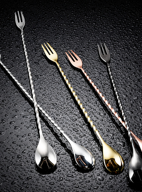 酒吧灵魂 日式细螺纹带叉长吧勺搅拌棒调酒棒吧勺Bar Spoon酒具