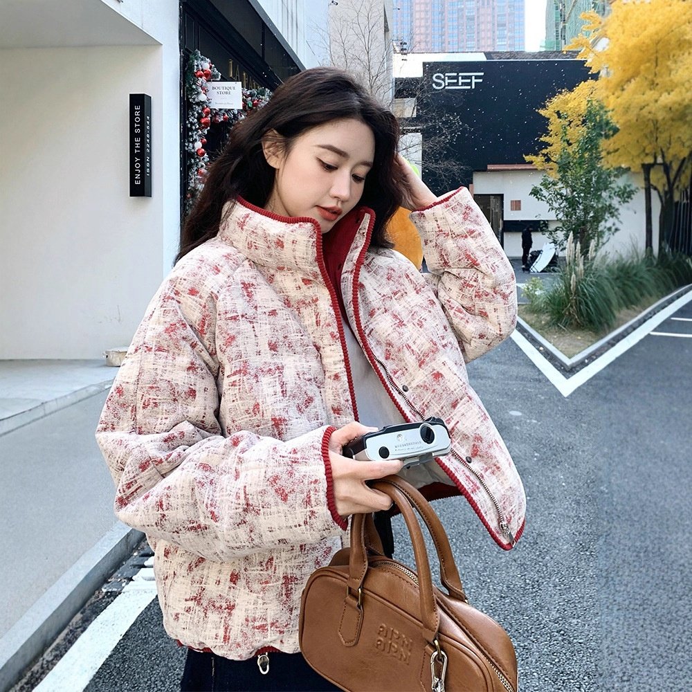短款立领印花棉服女款2025新款冬季今年流行爆款巨好看的夹棉外套