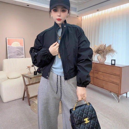 2025春秋新款时尚纯色长袖立领短款休闲夹克宽松百搭外套女上衣潮
