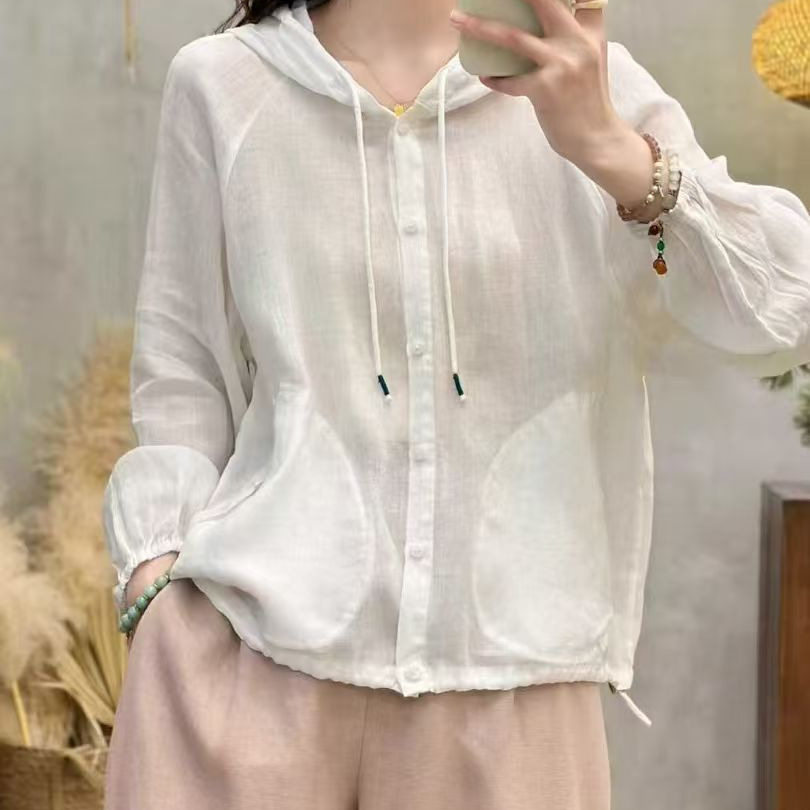 26年春款亚麻衬衫长袖女连帽宽松休闲韩版衬衣上衣慵懒风衬衫亲肤