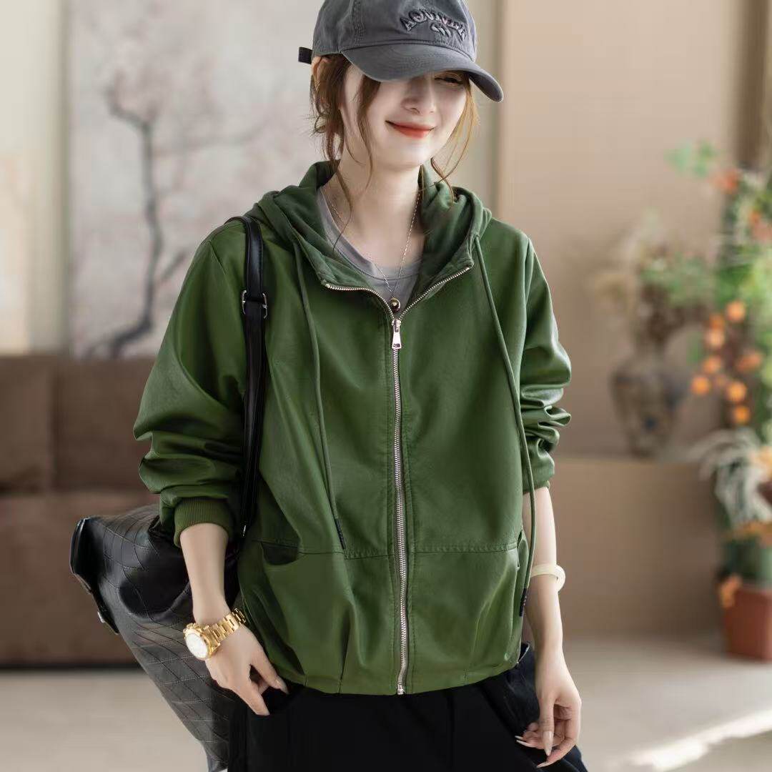 2026年春款皮衣外套女连帽宽松休闲韩版学院风外套新款慵懒风上衣