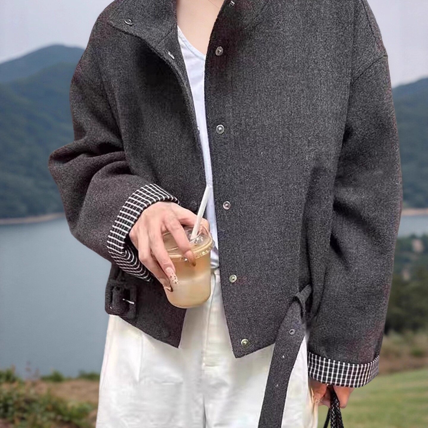 休闲时尚毛呢外套女欧洲站2025年秋季新款韩版立领腰带百搭夹克