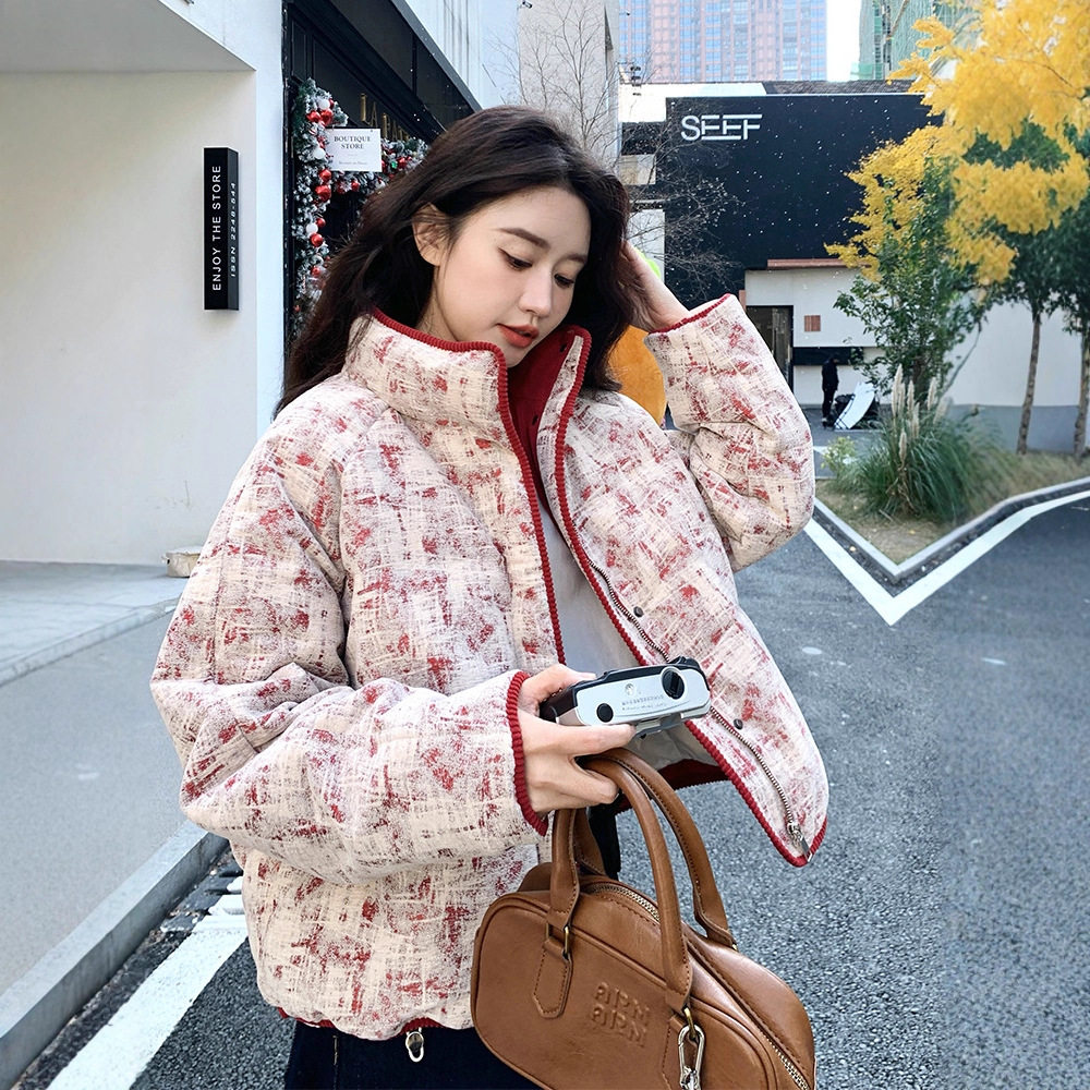 短款立领羽绒棉服外套女冬季大码胖mm感流行红色印花加厚棉衣
