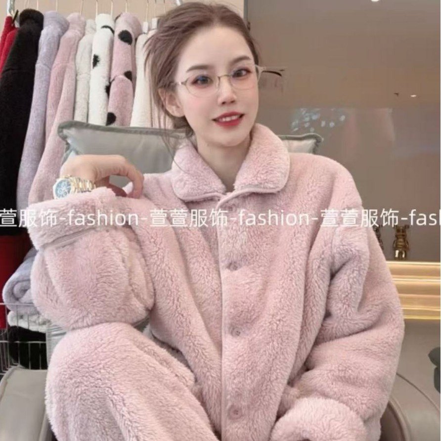 25年秋冬睡衣女套装宽松加厚保暖珊瑚绒翻领长袖长裤睡衣新款套装