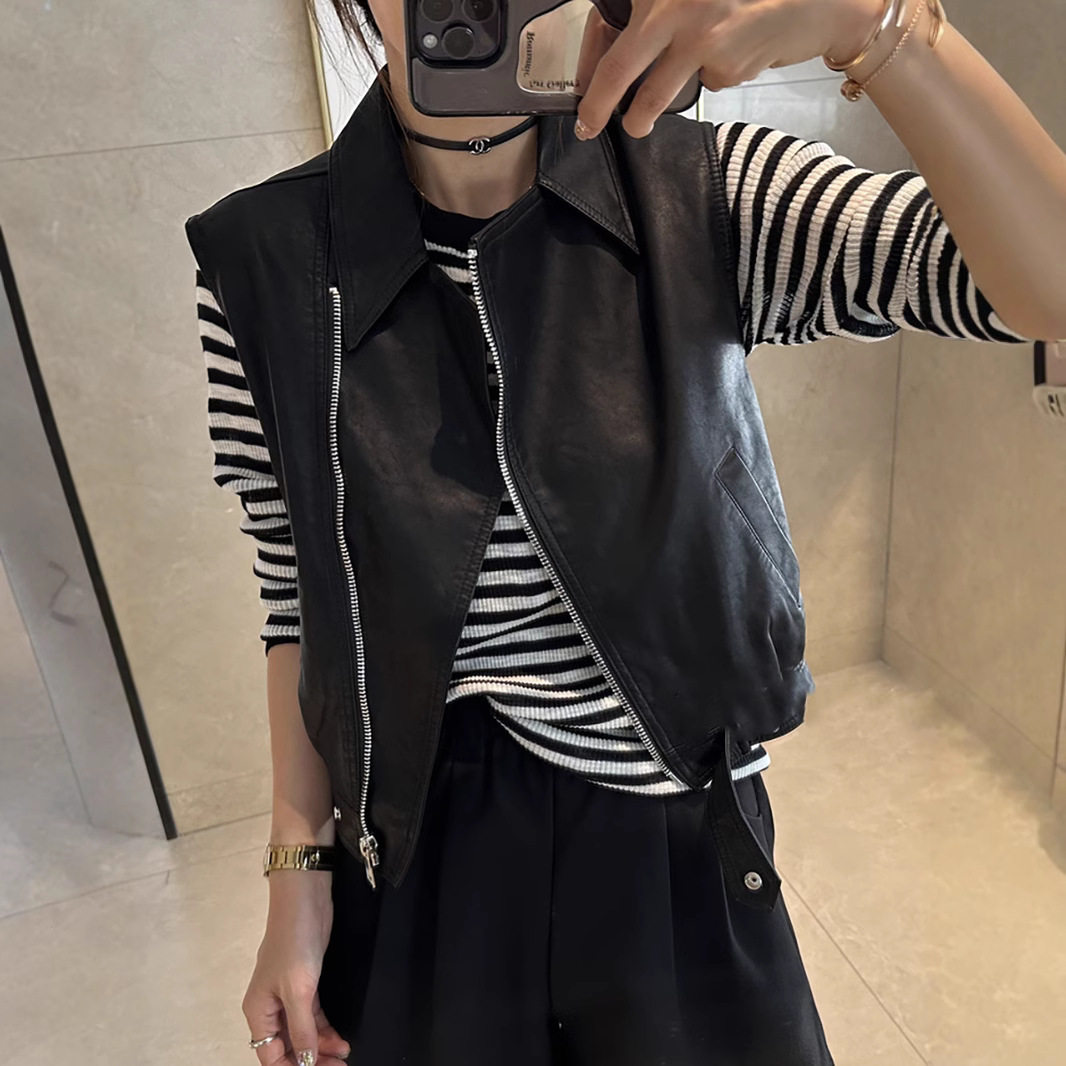 休闲百搭pu皮马甲女2025新款欧货宽松无袖上衣短款背心小皮衣外套