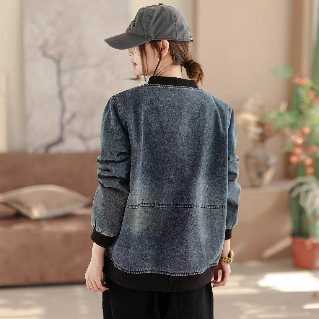 2026年春款牛仔外套女宽松休闲韩版学院风棒球领黑领外套上衣新款