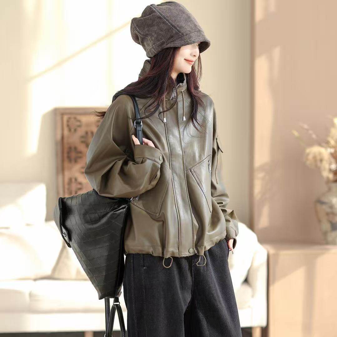 2026年春款皮衣外套女宽松休闲韩版学院风长袖开衫外套新款慵懒风