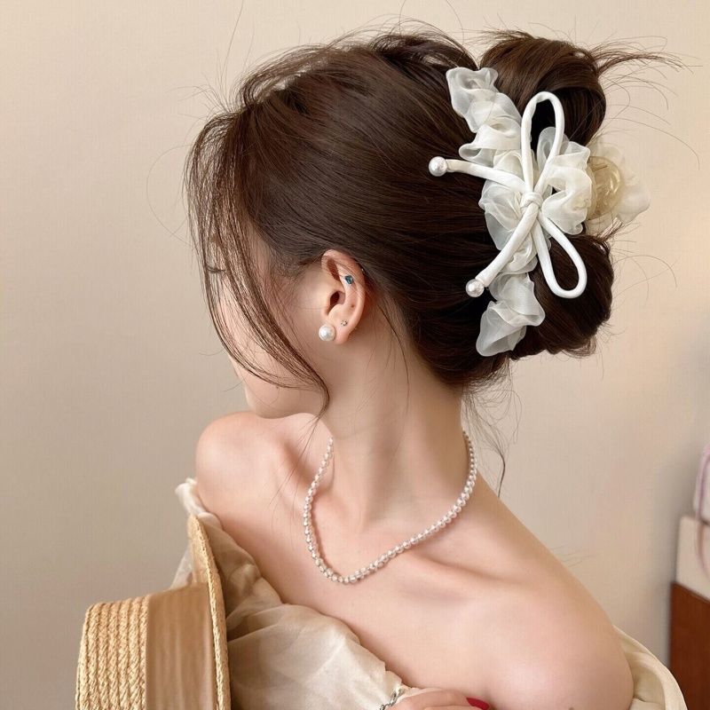 2026新款网纱抓夹时尚蝴蝶结鲨鱼夹甜美少女马尾盘发顶夹清新头饰