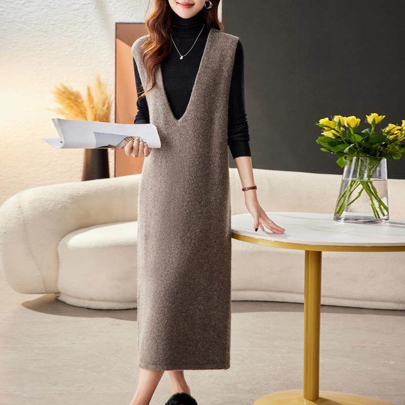 超长款过膝无袖马甲背心女中长款外穿毛衣裙宽松大码女装羊毛衫冬