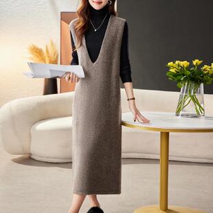 超长款过膝无袖马甲背心女中长款外穿毛衣裙宽松大码女装羊毛衫冬